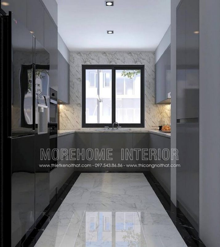 Với phòng bếp không được lớn, bạn nên bố trí nội thất với tủ bếp hình chữ U hiện đại gỗ acrylic trong đây với một bên bố trí tủ lạnh, lò vi sóng, lò nướng một bên là bếp từ nấu và tủ bếp đựng bát đĩa, xoong nồi cần thiết và ở giữa là chậu rửa là một trong những gợi ý giúp không gian bếp được phát huy tối đa công năng.