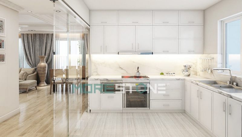 Đá trắng vân mây tạo cho căn bếp không gian sạch sẽ, hài hòa với thiết kế của tủ bếp